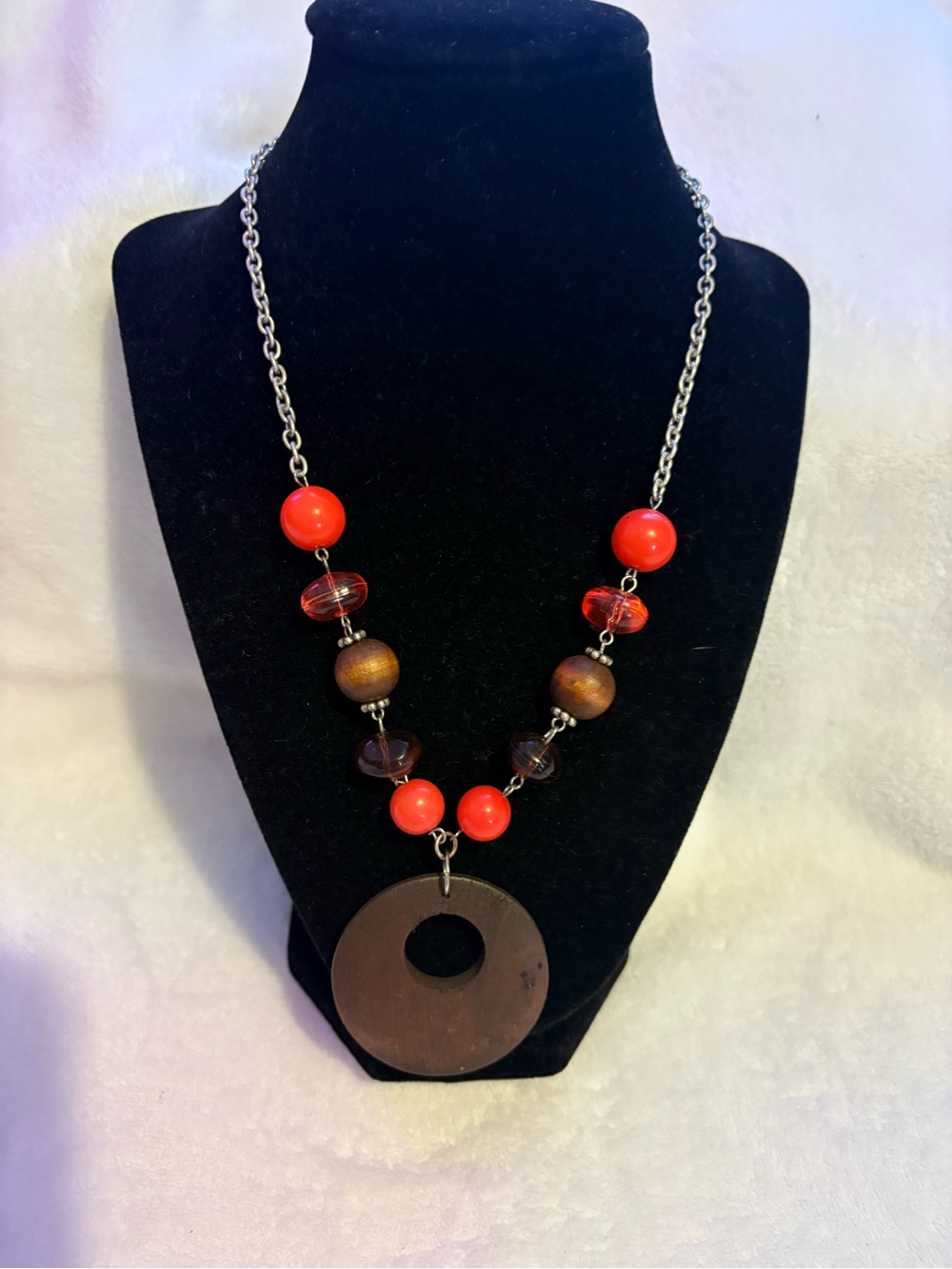 Handcrafted Red Bead & Brown Pendant Necklace